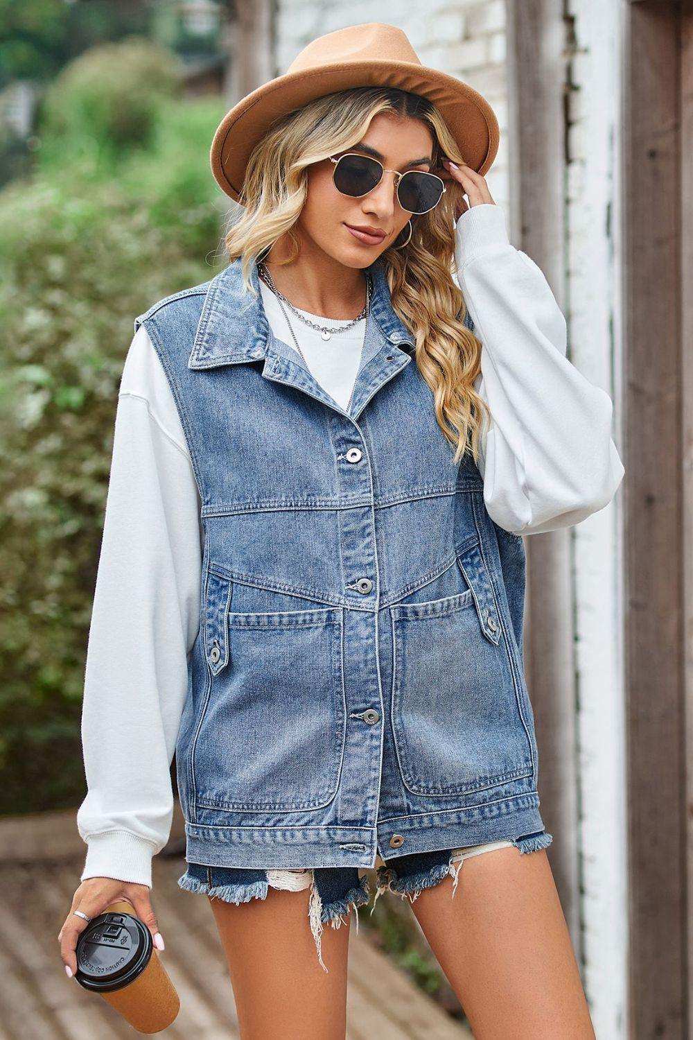 Sleeveless Denim Top with A Detachable Hood - Trendsi - Flyclothing LLC