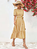 Striped Tie Belt Round Neck Puff Sleeve Dress - Trendsi - Flyclothing LLC