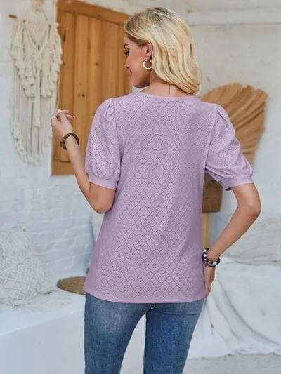 Eyelet Asymmetrical Neck Short Sleeve T-Shirt - Trendsi - Flyclothing LLC
