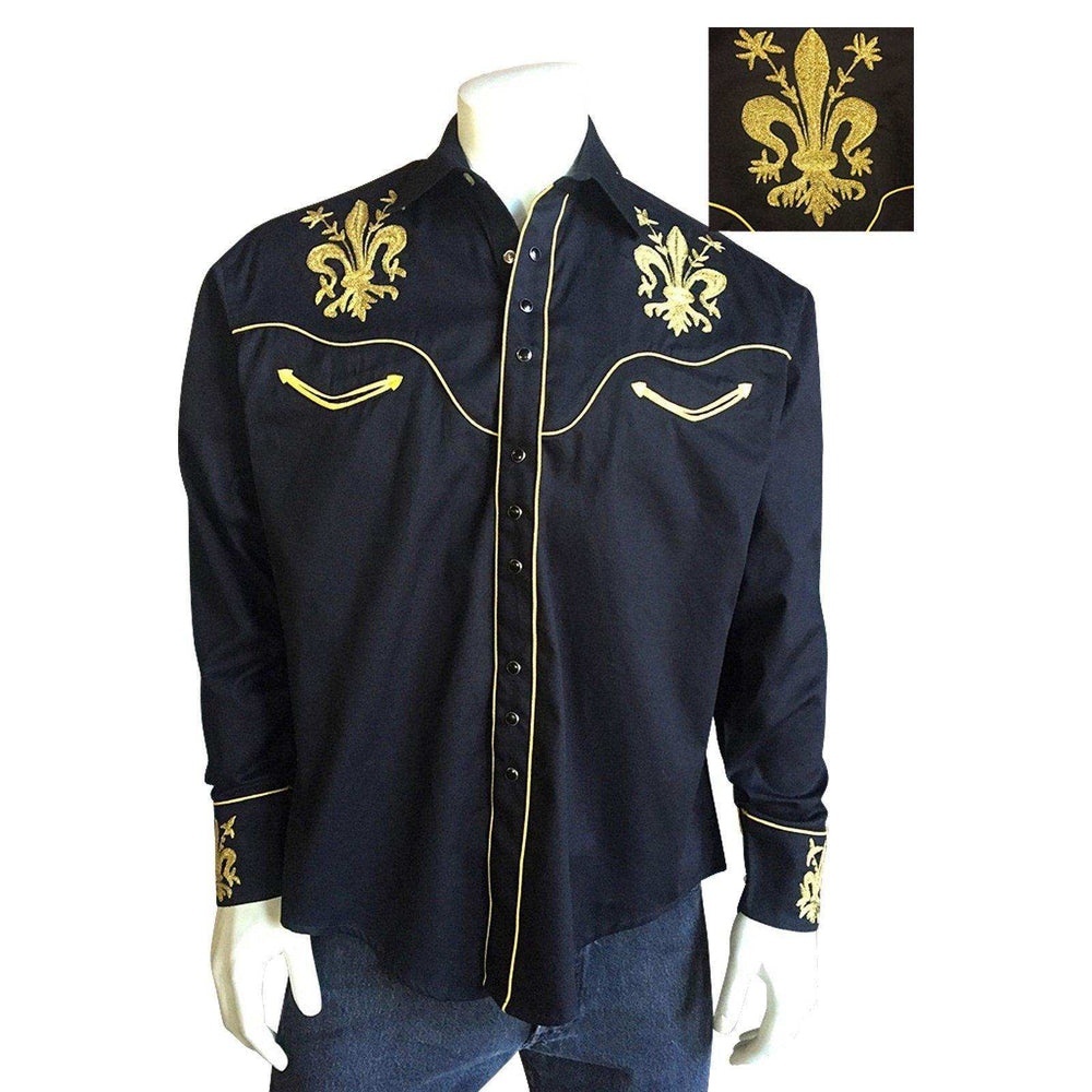Men's Fleur-de-Lis Embroidered Black Western Shirt - Rockmount Clothing - Flyclothing LLC