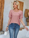 Eyelet Asymmetrical Neck Short Sleeve T-Shirt - Trendsi - Flyclothing LLC