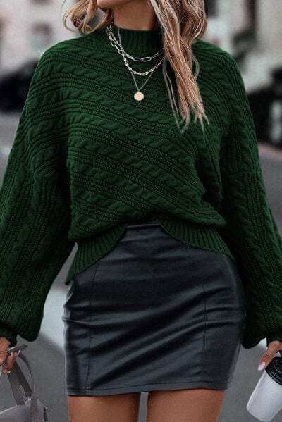 Cable-Knit Mock Neck Dropped Shoulder Sweater - Trendsi - Flyclothing LLC