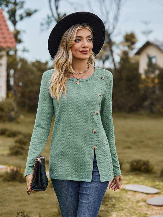 Decorative Button Slit Long Sleeve T-Shirt - Trendsi - Flyclothing LLC