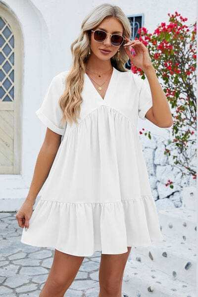 Ruched Tiered V-Neck Short Sleeve Mini Dress - Trendsi - Flyclothing LLC