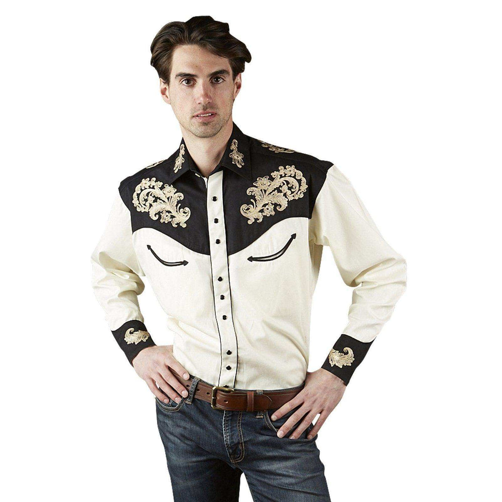 Rockmount Ranch Wear Mens Natural & Black Vintage Shirt with Tan Floral Embroidery - Rockmount Clothing - Flyclothing LLC
