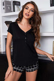 Short Sleeve Henley Top and Grid Shorts Lounge Set - Trendsi - Flyclothing LLC