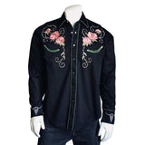 Men’s Steer Skull & Roses Embroidery Western Shirt in Black - Rockmount Clothing - Flyclothing LLC