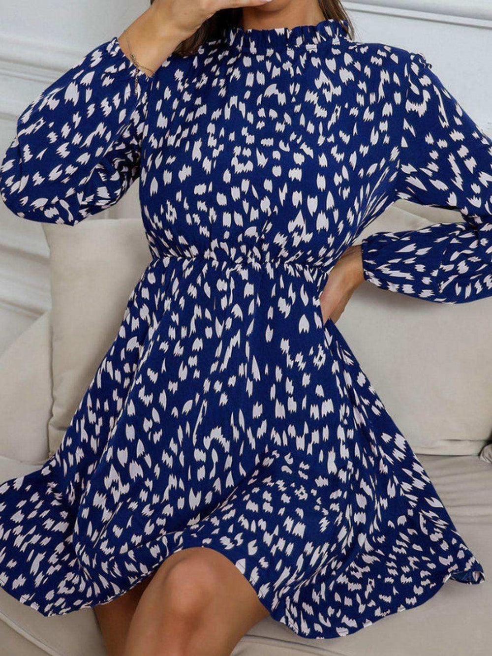 Printed Frill Neck Long Sleeve Dress - Trendsi - Flyclothing LLC