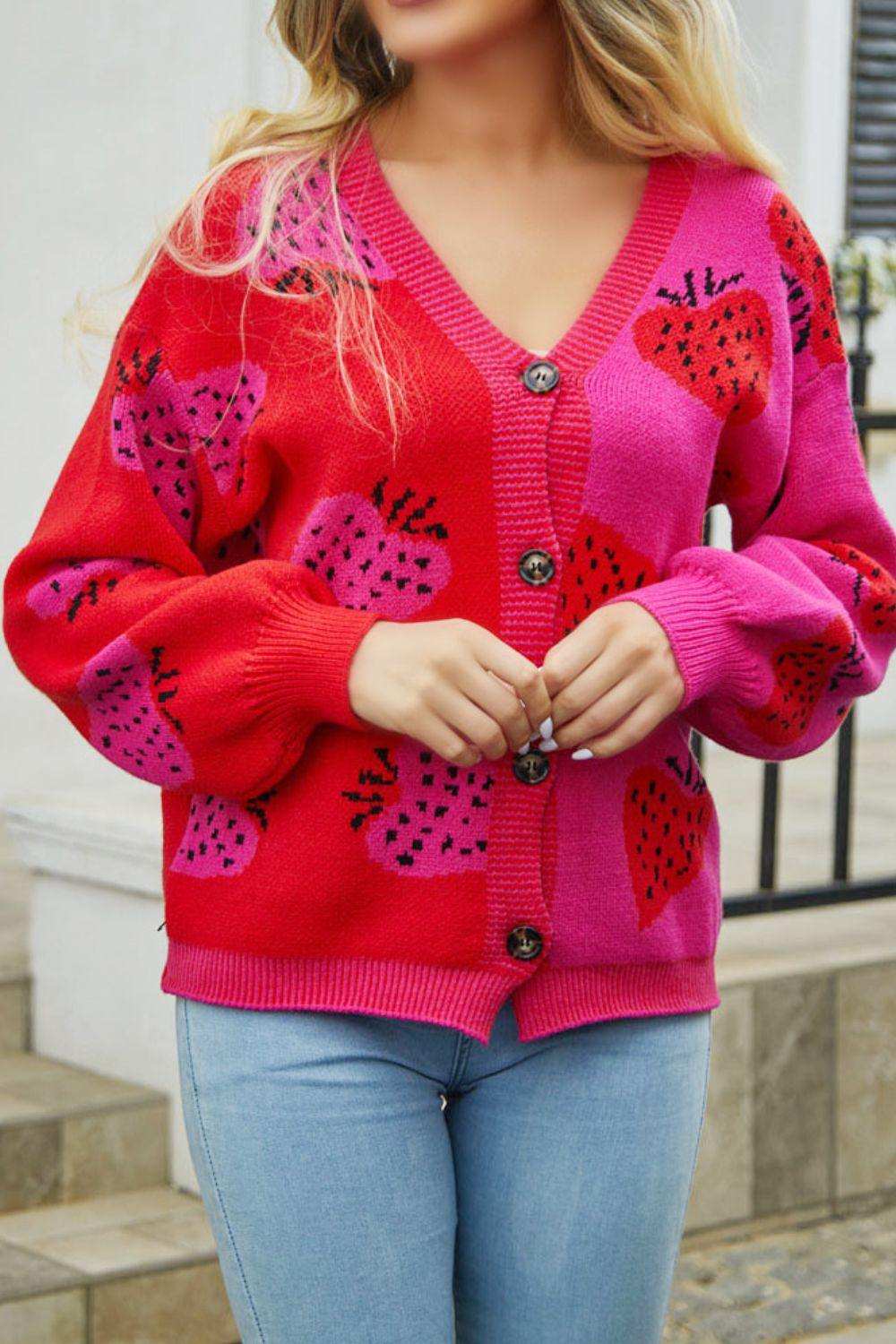 Printed V-Neck Button-Down Long Sleeve Cardigan - Trendsi - Flyclothing LLC