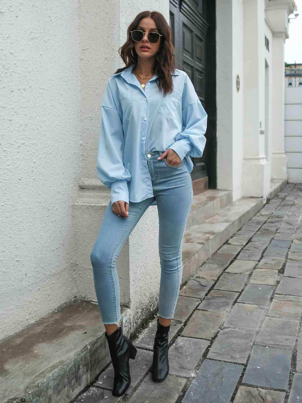 Collared Neck Dropped Shoulder Buttoned Shirt - Trendsi - Flyclothing LLC