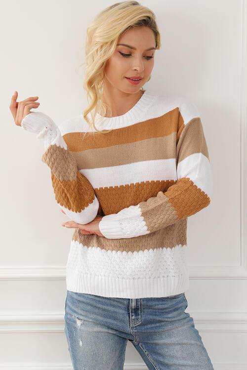 Striped Round Neck Long Sleeve Knit Top - Trendsi - Flyclothing LLC