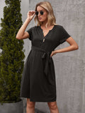 Tied Notched Short Sleeve Dress - Trendsi - Flyclothing LLC