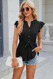 Eyelet Notched Cap Sleeve Blouse - Trendsi - Flyclothing LLC