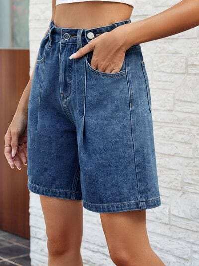 High Waist Denim Shorts with Pockets - Trendsi - Flyclothing LLC