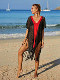 Contrast Fringe Trim Openwork Cover-Up Dress - Trendsi - Flyclothing LLC