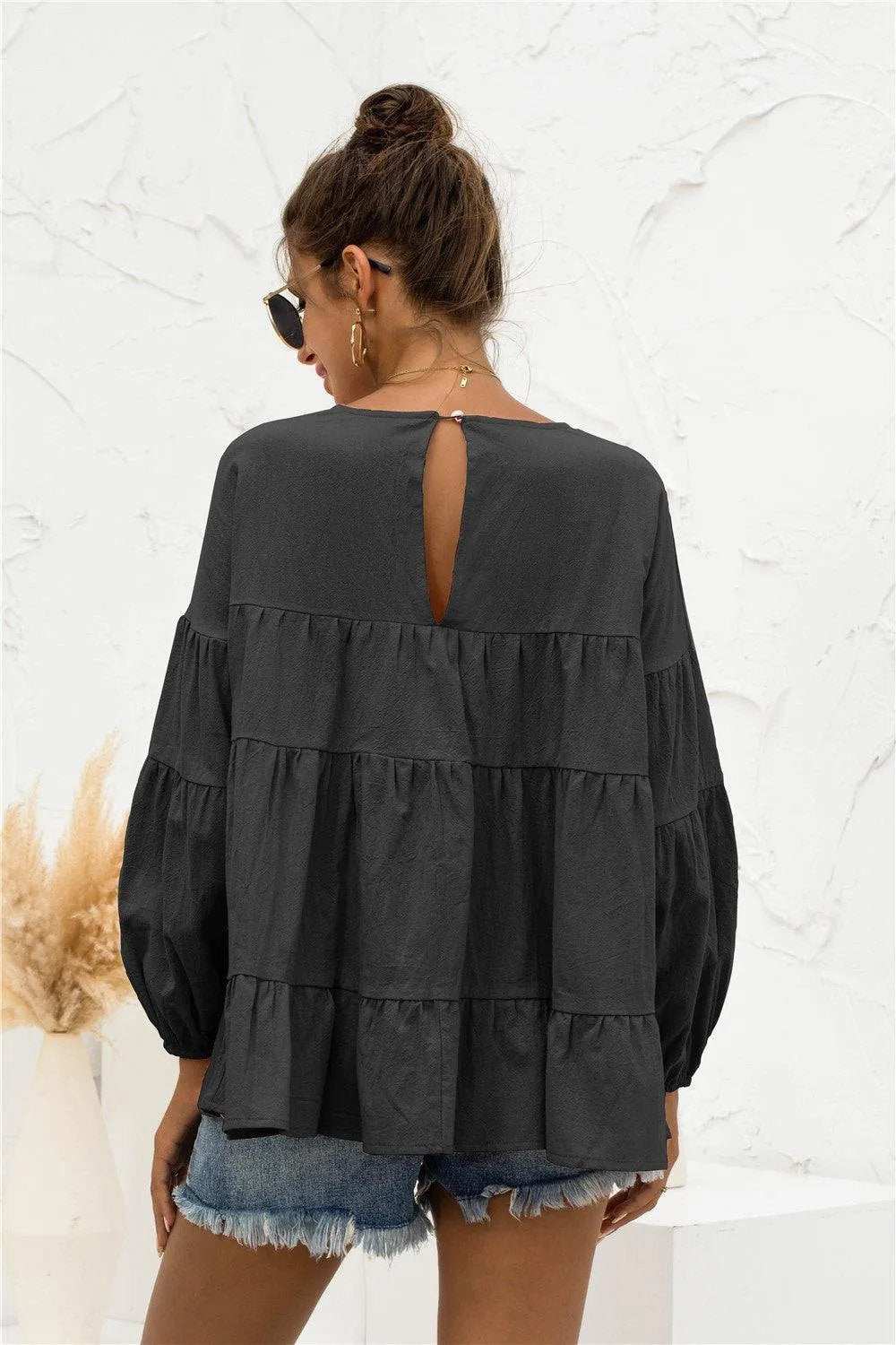 Round Neck Bubble Sleeve Tiered Blouse - Trendsi - Flyclothing LLC