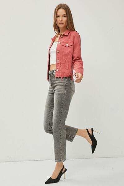 RISEN Raw Hem Button Up Cropped Denim Jacket - Trendsi - Flyclothing LLC