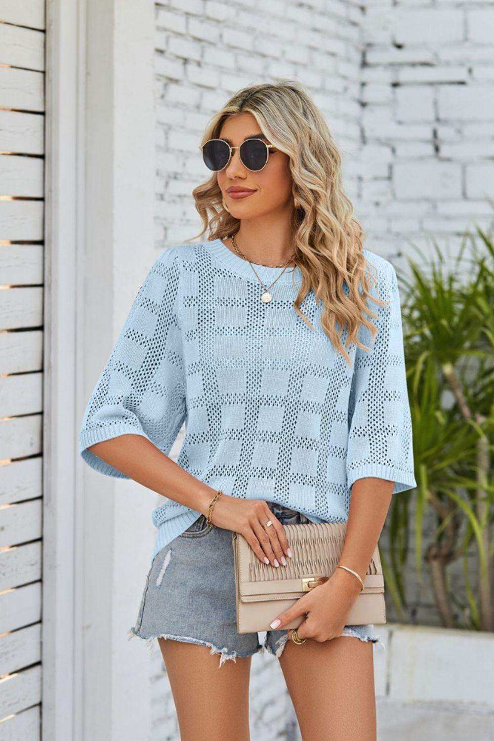 Ribbed Trim Round Neck Knit Top - Trendsi - Flyclothing LLC