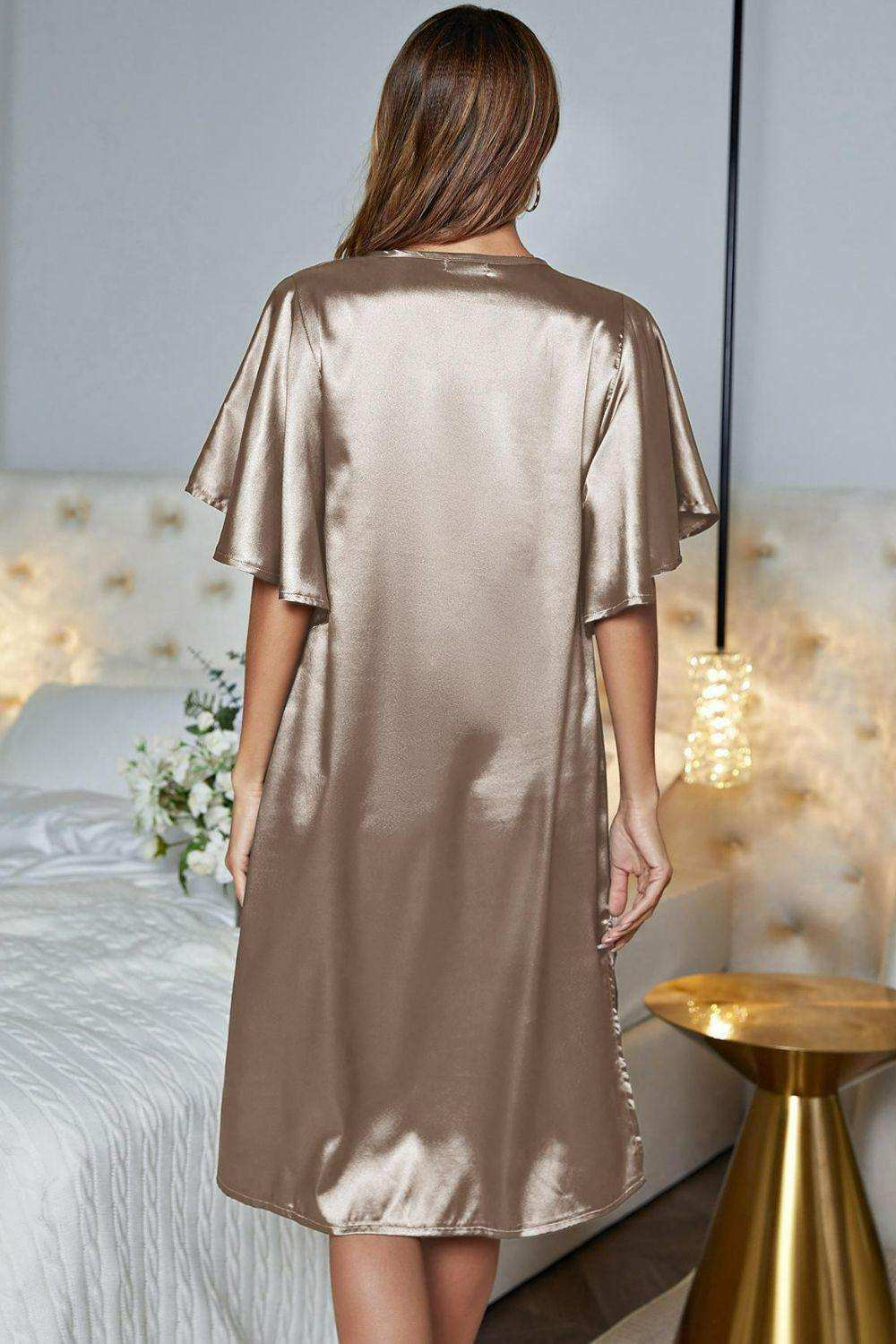 Satin Flutter Sleeve Side Slit V-Neck Night Dress - Trendsi - Flyclothing LLC