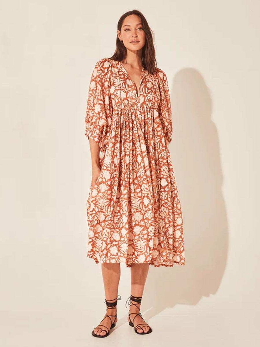 Floral Tie Neck Lantern Sleeve Dress - Trendsi - Flyclothing LLC