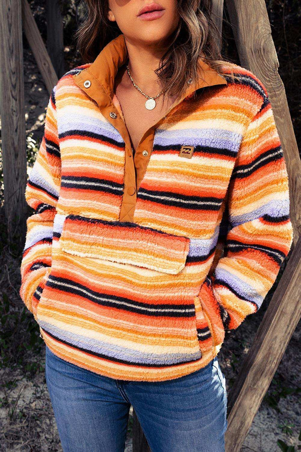 Multicolored Stripe Quarter Snap Fleece Sweatshirt - Trendsi - Flyclothing LLC