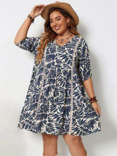 Plus Size Printed V-Neck Half Sleeve Mini Dress - Trendsi - Flyclothing LLC