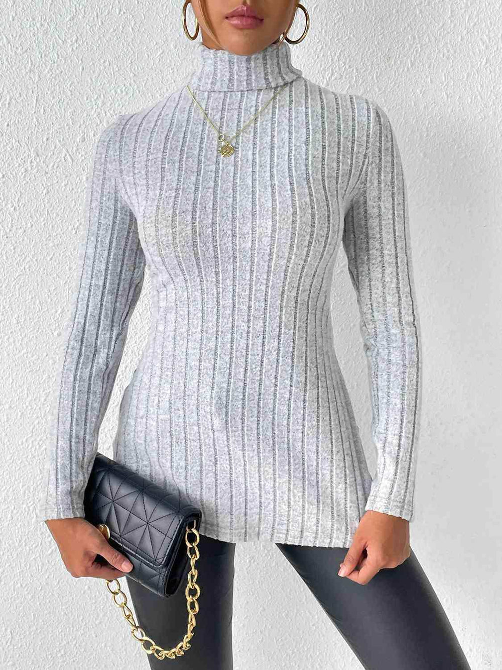 Ribbed Turtleneck Long Sleeve Slit T-Shirt - Trendsi - Flyclothing LLC