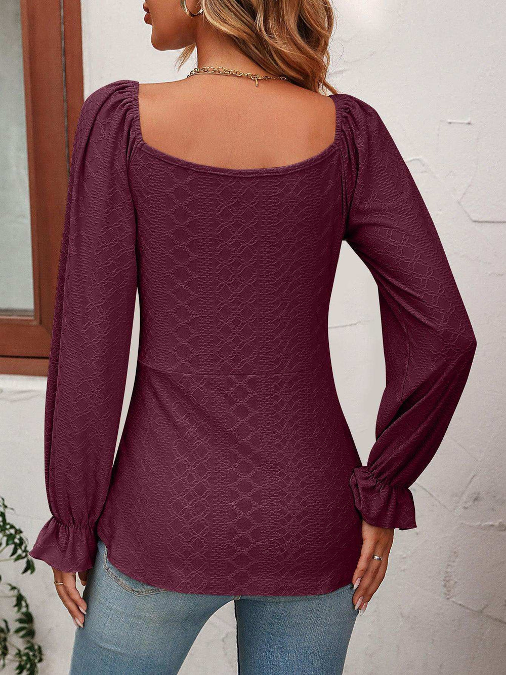 Tie Front V-Neck Puff Sleeve Blouse - Trendsi - Flyclothing LLC