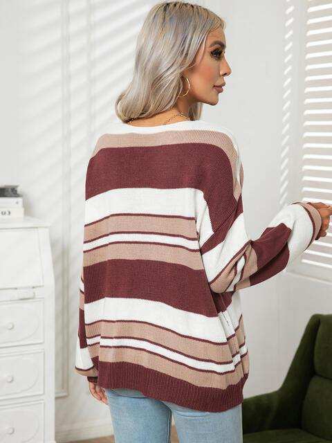 Striped V-Neck Long Sleeve Knit Top - Trendsi - Flyclothing LLC