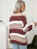 Striped V-Neck Long Sleeve Knit Top - Trendsi - Flyclothing LLC