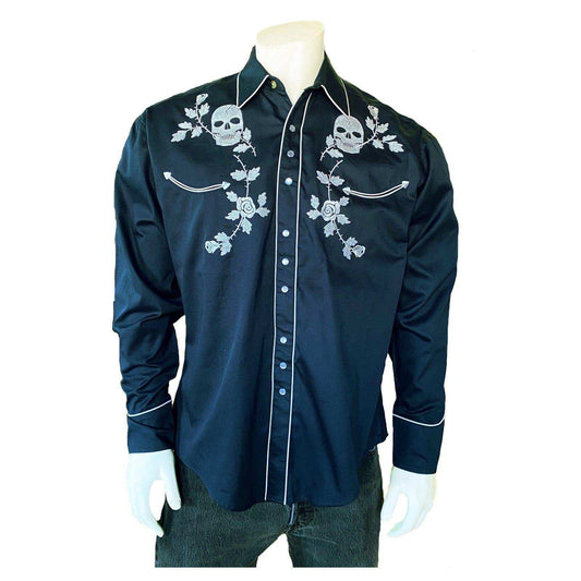 Rockmount Clothing Mens Vintage Navy Skull & Roses Chain Stitch Embroidery Western Shirt - Rockmount Clothing - Flyclothing LLC
