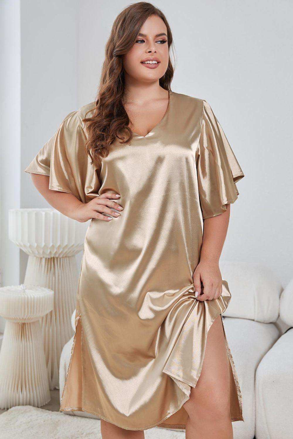 Plus Size Flutter Sleeve V-Neck Side Slit Night Gown - Trendsi - Flyclothing LLC