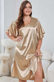 Plus Size Flutter Sleeve V-Neck Side Slit Night Gown - Trendsi - Flyclothing LLC