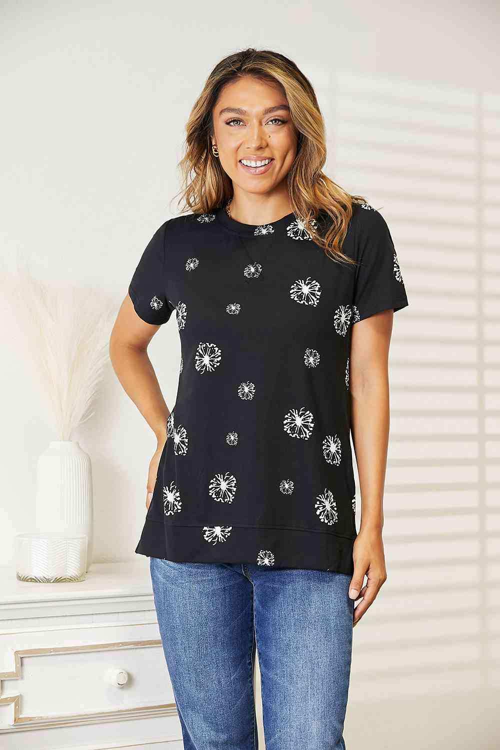 Double Take Dandelion Print Round Neck T-Shirt - Trendsi - Flyclothing LLC