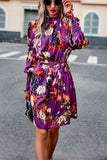 Printed Tie Waist Mock Neck Lantern Sleeve Dress - Trendsi - Flyclothing LLC