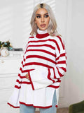 Striped Slit Turtleneck Drop Shoulder Sweater - Trendsi - Flyclothing LLC