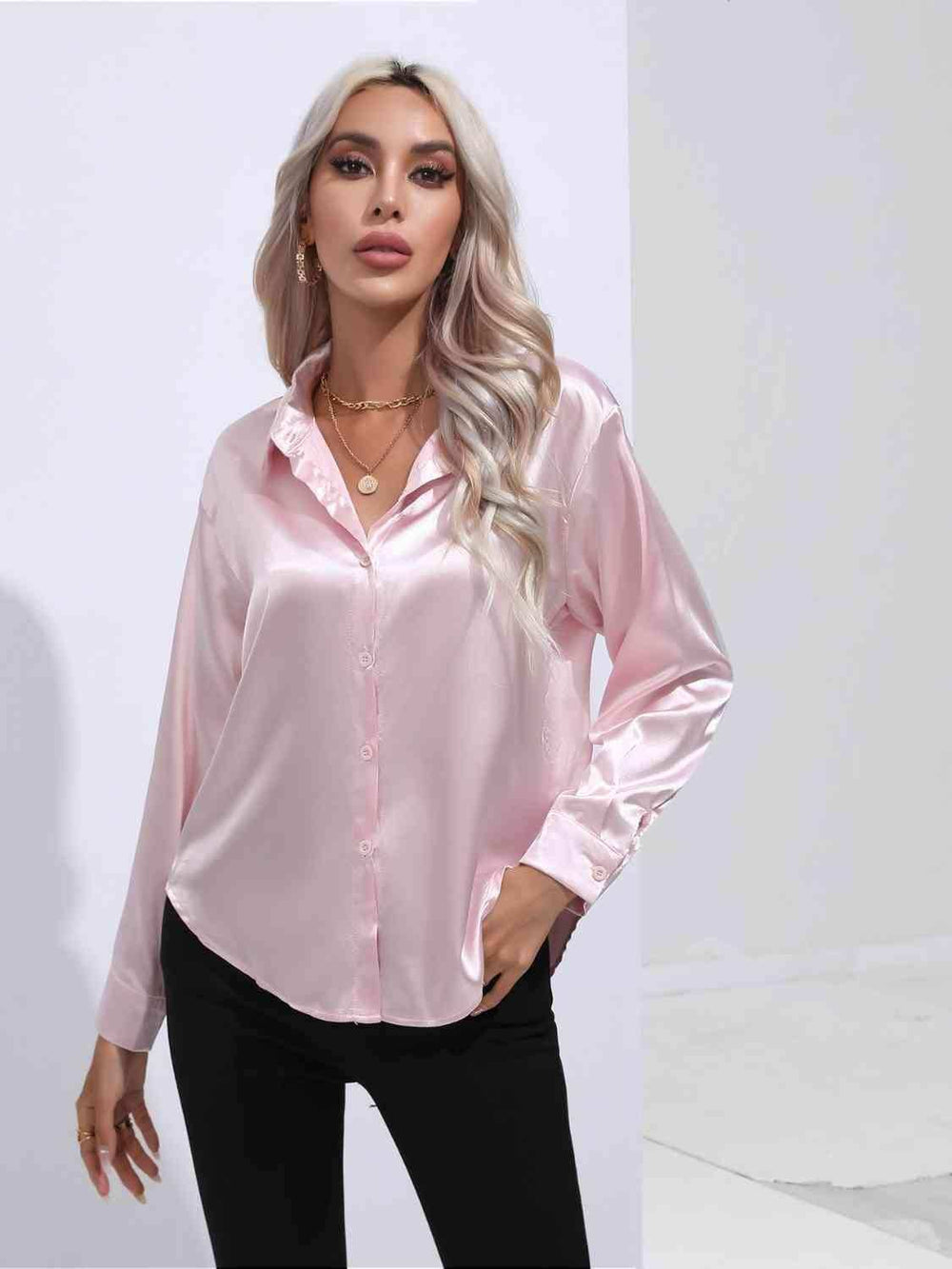 Collared Neck Buttoned Long Sleeve Shirt - Trendsi - Flyclothing LLC