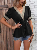 Contrast V-Neck Babydoll Top - Trendsi - Flyclothing LLC