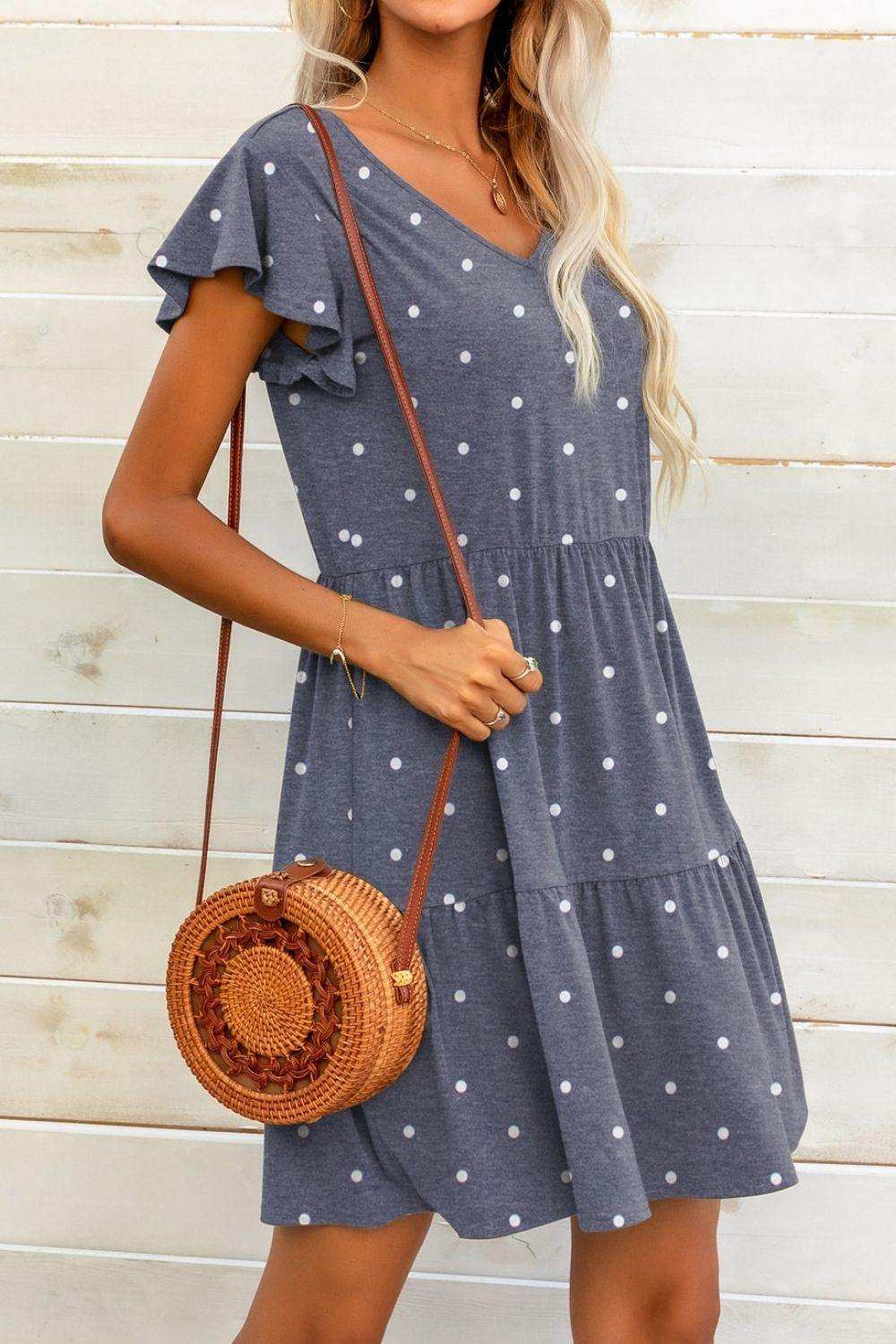 Polka Dot V-Neck Flutter Sleeve Mini Dress - Trendsi - Flyclothing LLC