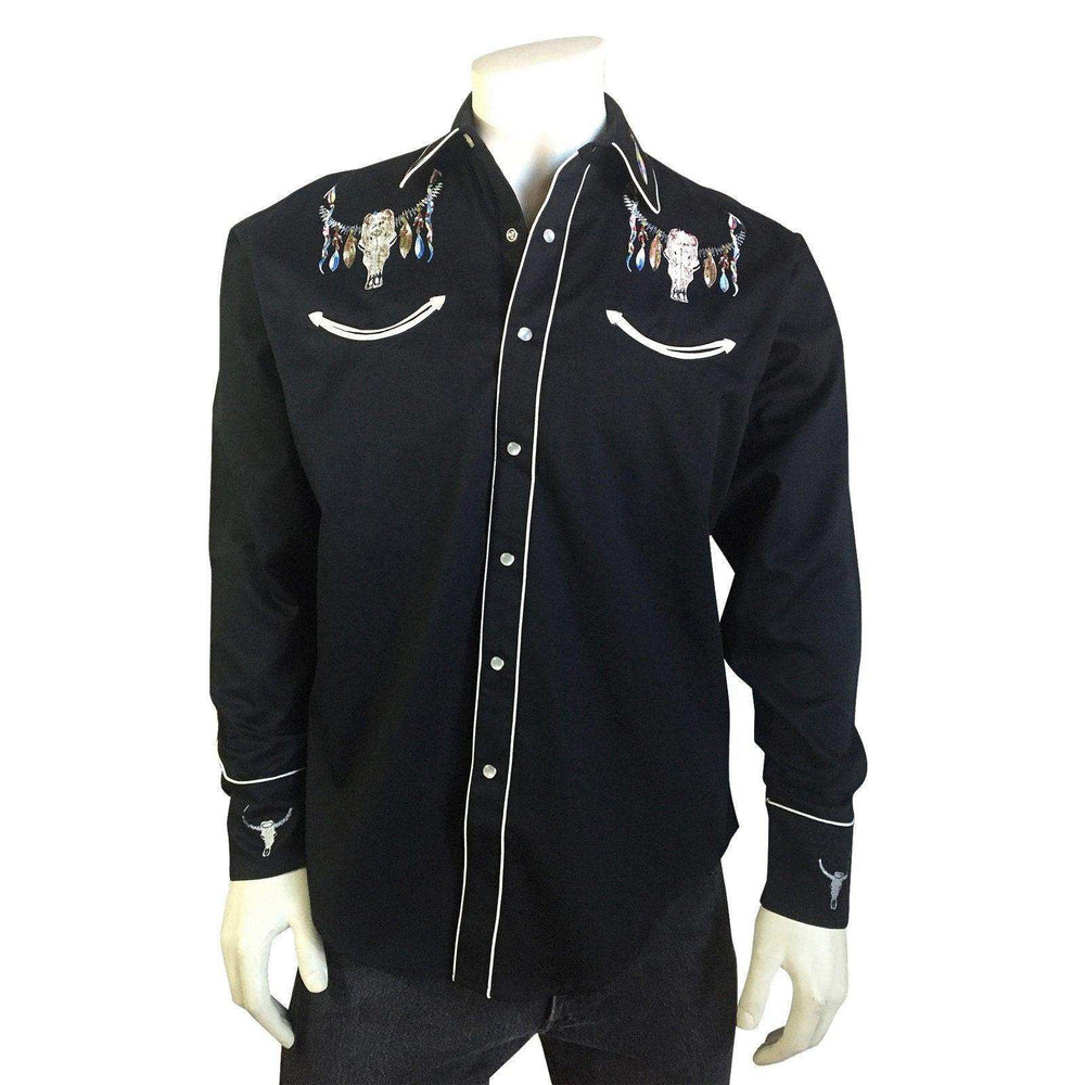 Men's Steer Skulls with Feathers Embroidered Western Shirt in Black - Rockmount Clothing - Flyclothing LLC