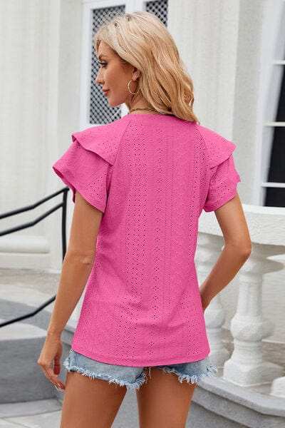 Eyelet Notched Short Sleeve T-Shirt - Trendsi - Flyclothing LLC