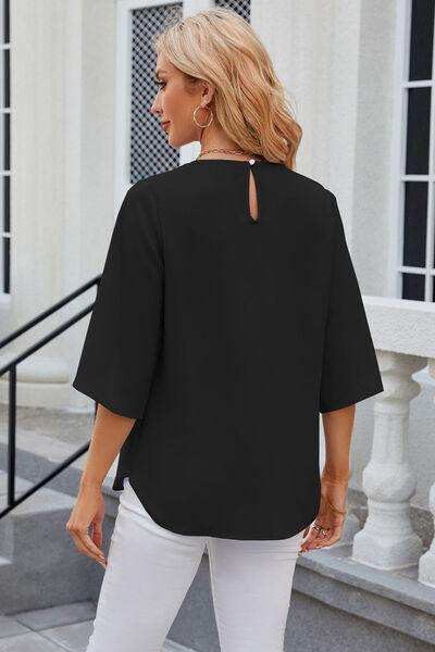 Round Neck Slit Half Sleeve Top - Trendsi - Flyclothing LLC