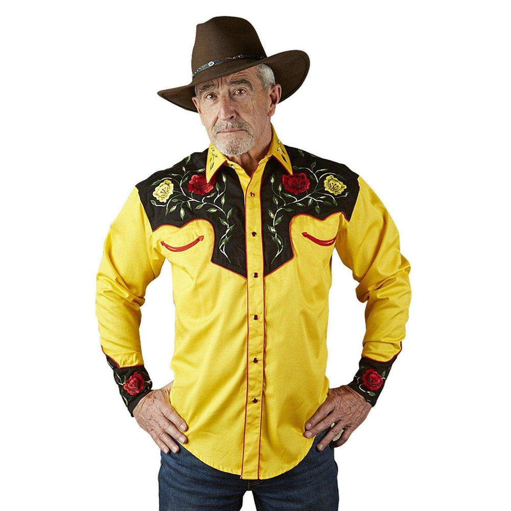 Rockmount Ranch Wear Mens 2-Tone Yellow & Black Floral Embroidery Western Shirt - Rockmount Clothing - Flyclothing LLC