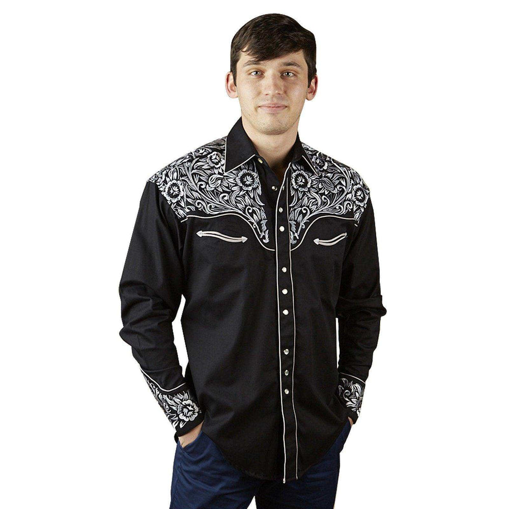 Rockmount Ranch Wear Mens Black & Silver Vintage Tooling Embroidered Western Shirt - Rockmount Clothing - Flyclothing LLC