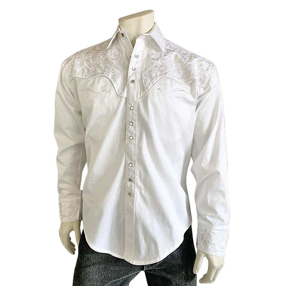 Men's Vintage Tooling Embroidered White-on-White Western Shirt - Rockmount Clothing - Flyclothing LLC
