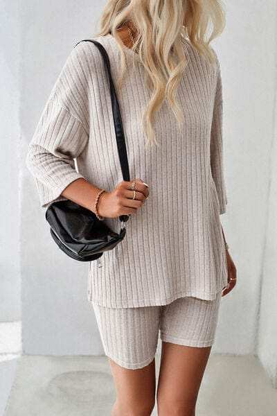 Ribbed Round Neck Top and Shorts Set - Trendsi - Flyclothing LLC