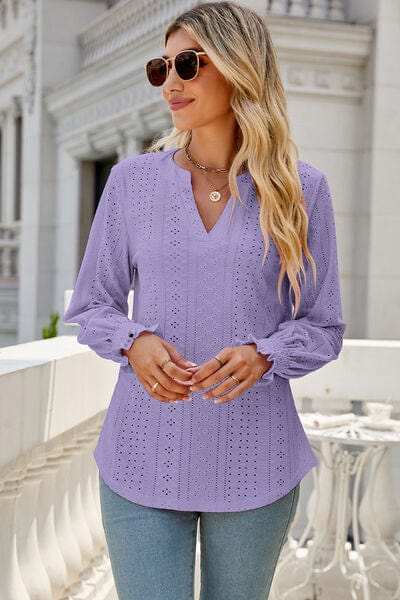 Eyelet Notched Lantern Sleeve T-Shirt - Trendsi - Flyclothing LLC