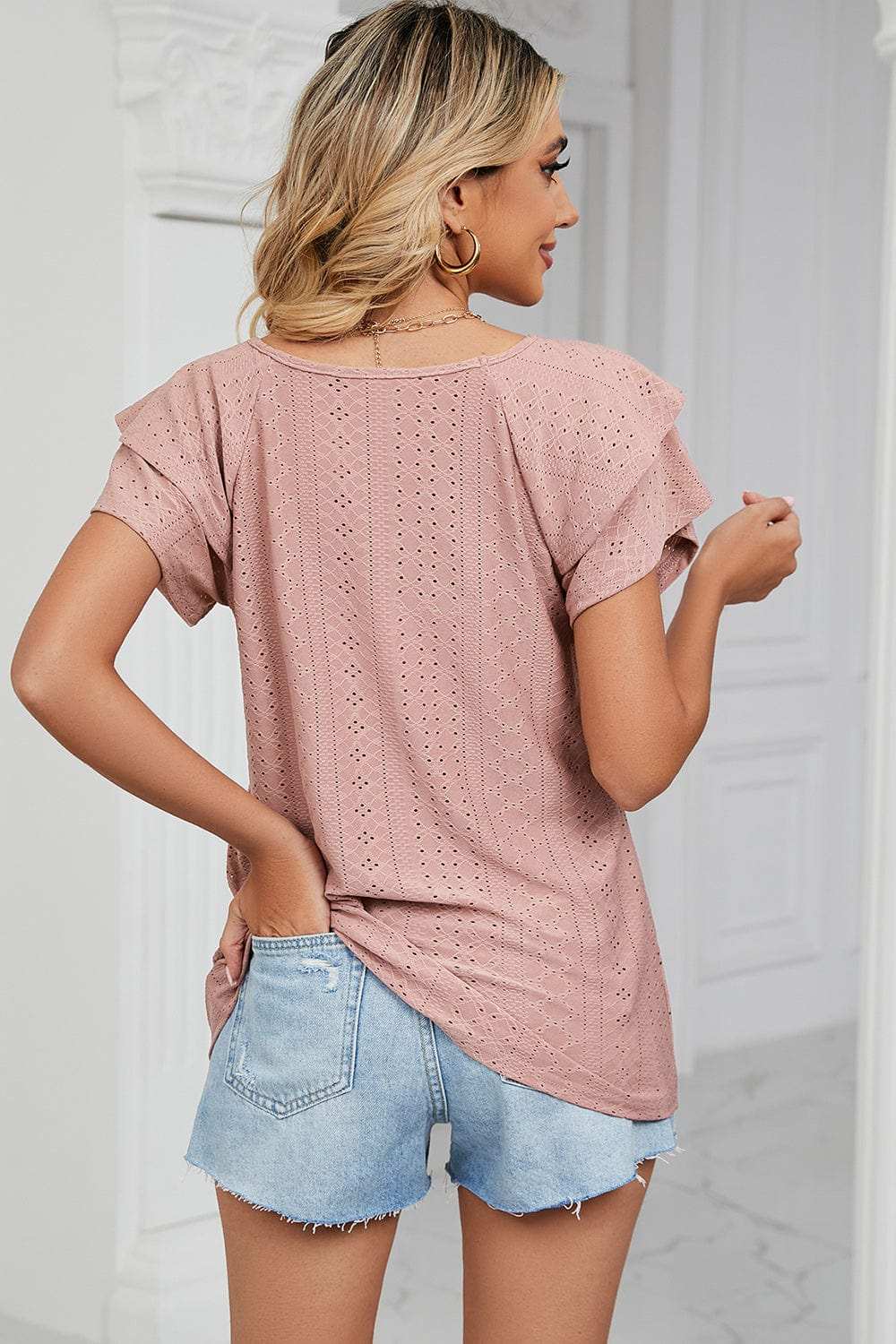 Eyelet V-Neck Short Sleeve T-Shirt - Trendsi - Flyclothing LLC