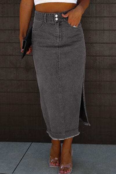 Raw Hem Slit Pocketed Midi Denim Skirt - Trendsi - Flyclothing LLC
