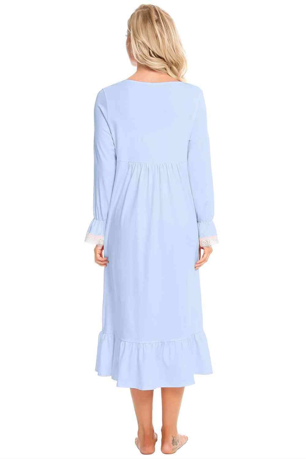 Lace Detail Square Neck Flounce Sleeve Night Dress - Trendsi - Flyclothing LLC